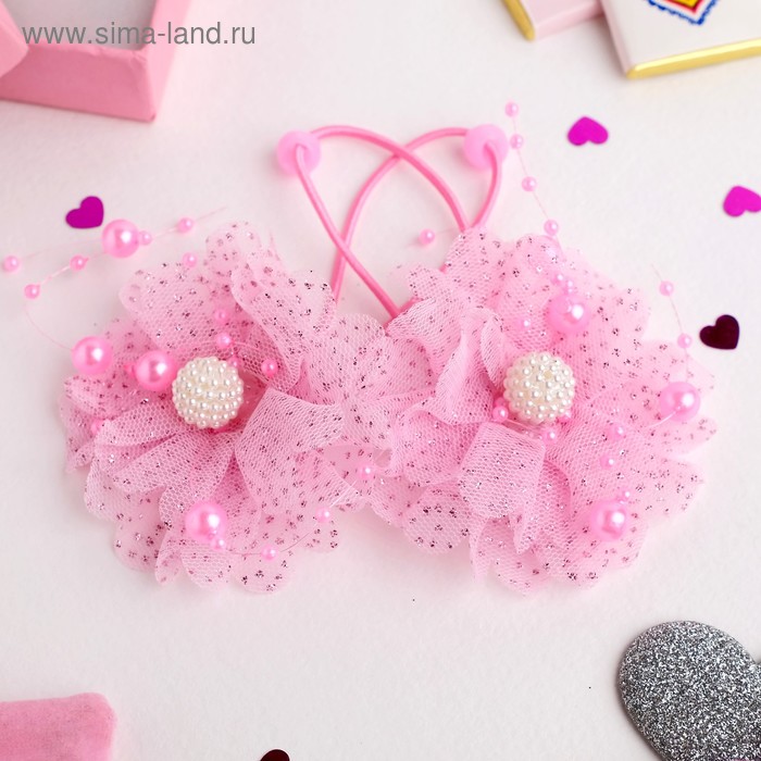 Резинка для волос "Маленькая модница" (цена за пару) цветок с бусинами, розовый - Фото 1