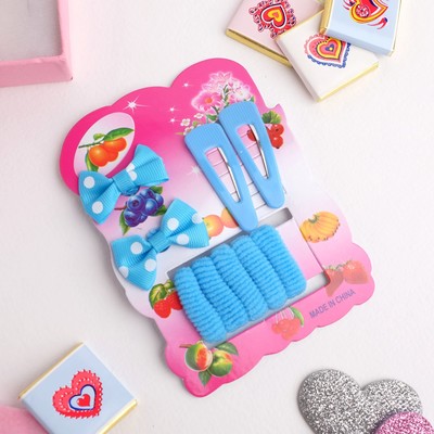 Набор для волос «Софи», 7 резинок, 2 невидимки, бантики в горошек, голубой