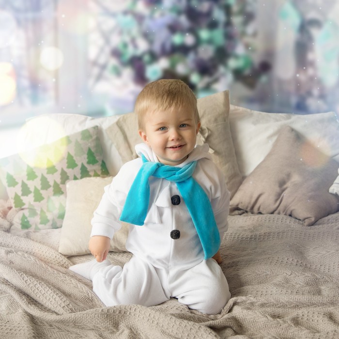 Карнавальный костюм для малышей «Медвежонок белый» с голубым шарфом, велюр, хлопок, рост 74-92 см - фото 1884974370