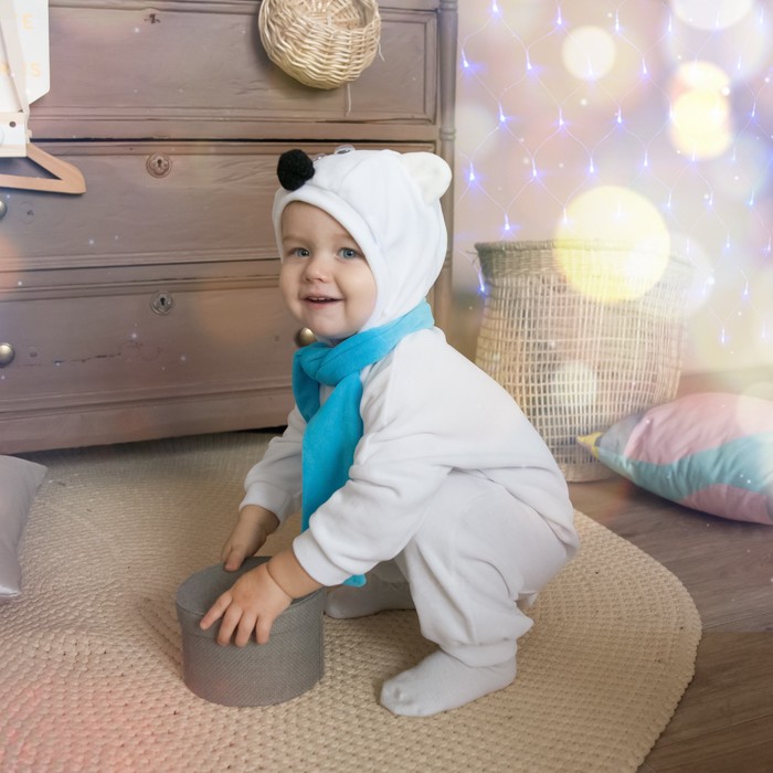 Карнавальный костюм для малышей «Медвежонок белый» с голубым шарфом, велюр, хлопок, рост 74-92 см - фото 1884974371