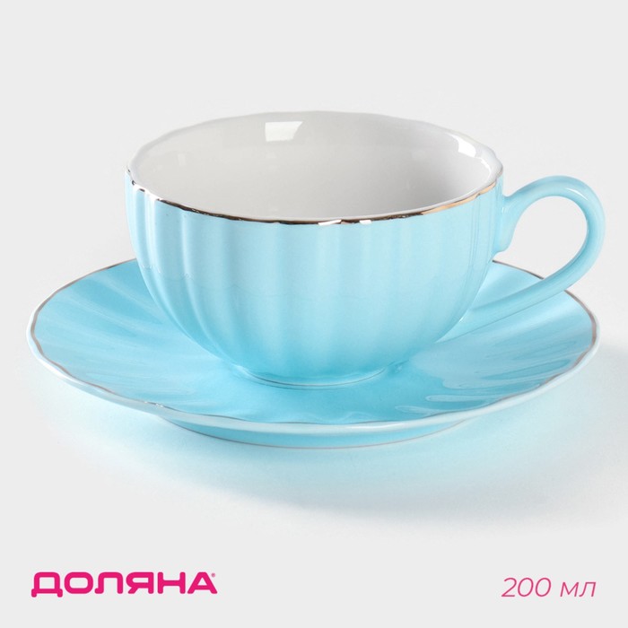 Чайная пара фарфоровая Доляна «Вивьен», 2 предмета: чашка 200 мл, блюдце d=15 см, цвет голубой - Фото 1