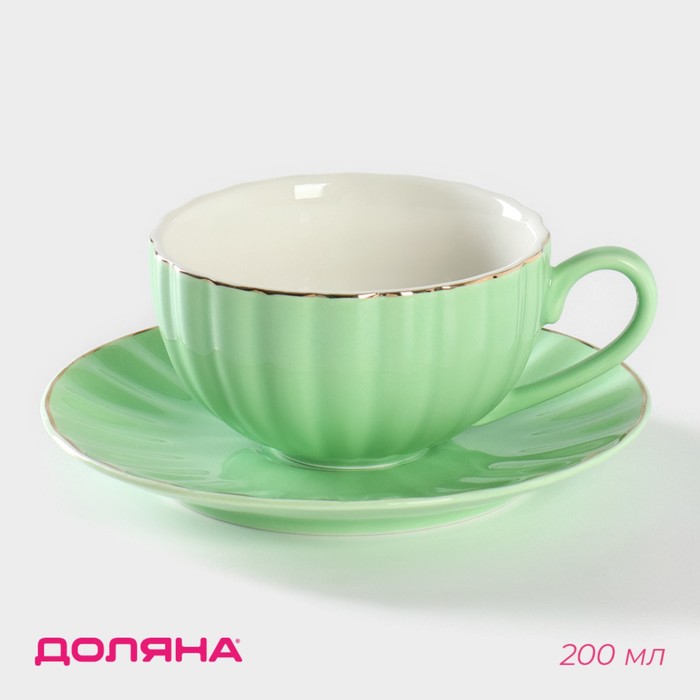 Чайная пара фарфоровая Доляна «Вивьен», 2 предмета: чашка 200 мл, блюдце d=15 см, цвет зелёный - Фото 1