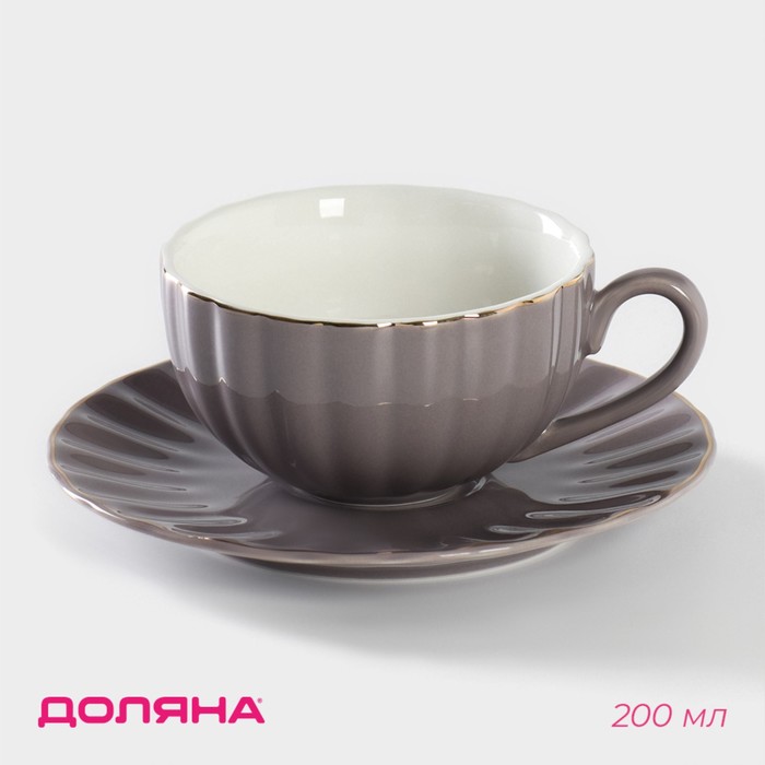 Чайная пара фарфоровая Доляна «Вивьен», 2 предмета: чашка 200 мл, блюдце d=15 см, цвет серый - Фото 1