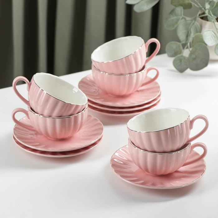 Сервиз фарфоровый чайный Доляна «Вивьен», 12 предметов: 6 чашек 200 мл, 6 блюдец d=15 см, цвет розовый - Фото 1