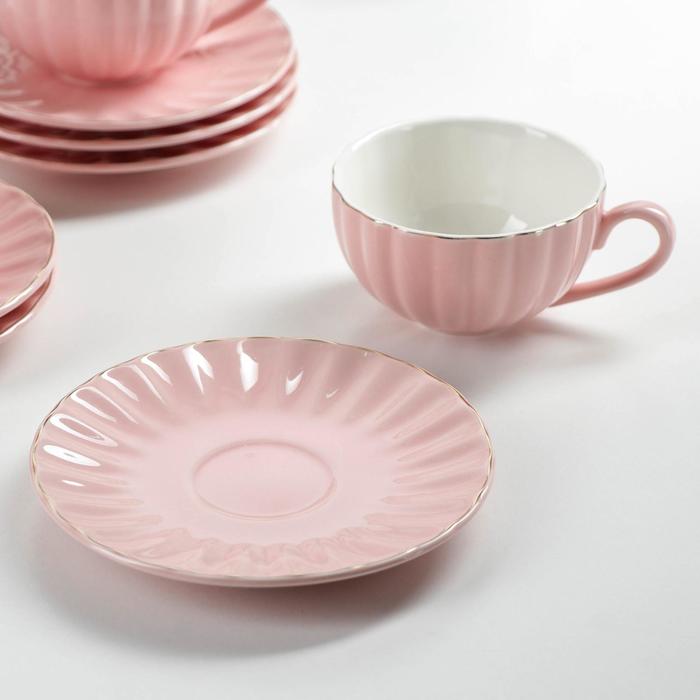 Сервиз фарфоровый чайный Доляна «Вивьен», 12 предметов: 6 чашек 200 мл, 6 блюдец d=15 см, цвет розовый - фото 1893831611