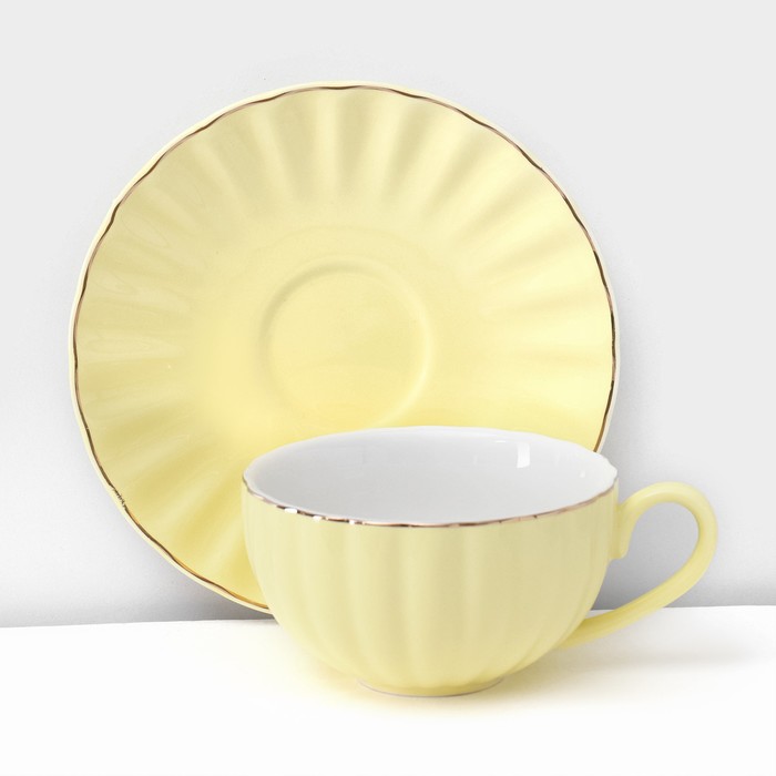 Сервиз фарфоровый чайный Доляна «Вивьен», 12 предметов: 6 чашек 200 мл, 6 блюдец d=15 см, цвет жёлтый - фото 1909980677