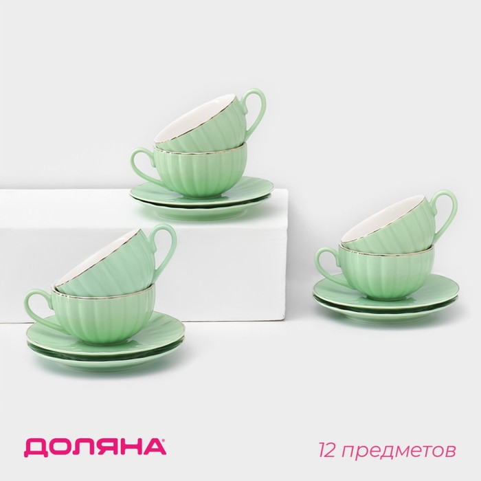 Сервиз фарфоровый чайный Доляна «Вивьен», 12 предметов: 6 чашек 200 мл, 6 блюдец d=15 см, цвет зелёный - фото 1909980689