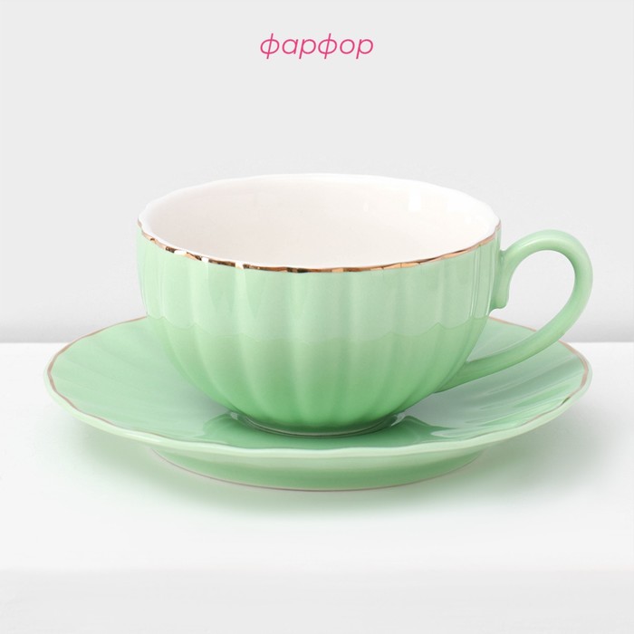 Сервиз фарфоровый чайный Доляна «Вивьен», 12 предметов: 6 чашек 200 мл, 6 блюдец d=15 см, цвет зелёный - фото 1909980690