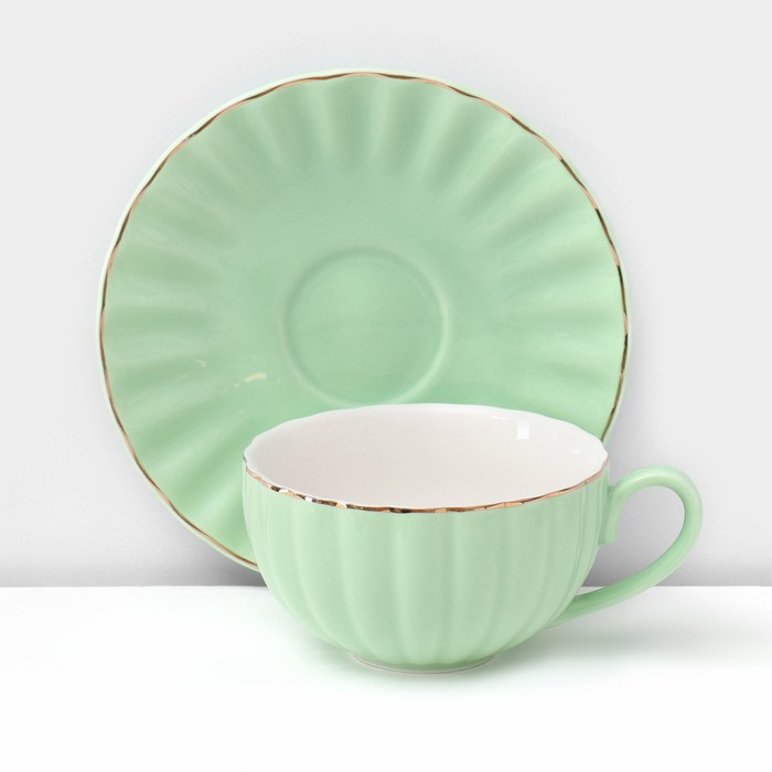 Сервиз фарфоровый чайный Доляна «Вивьен», 12 предметов: 6 чашек 200 мл, 6 блюдец d=15 см, цвет зелёный - фото 1909980691