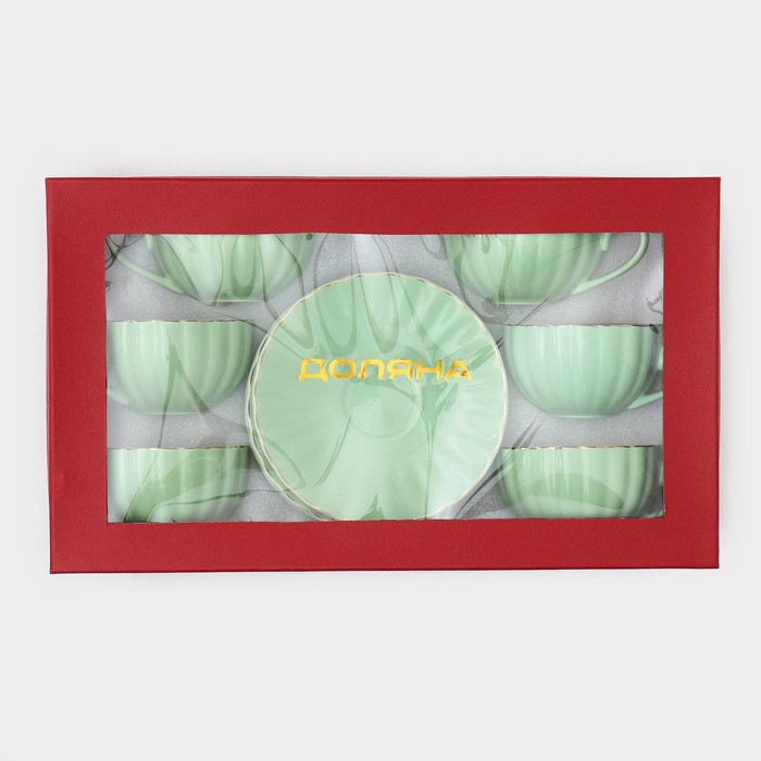 Сервиз фарфоровый чайный Доляна «Вивьен», 12 предметов: 6 чашек 200 мл, 6 блюдец d=15 см, цвет зелёный - фото 1909980698