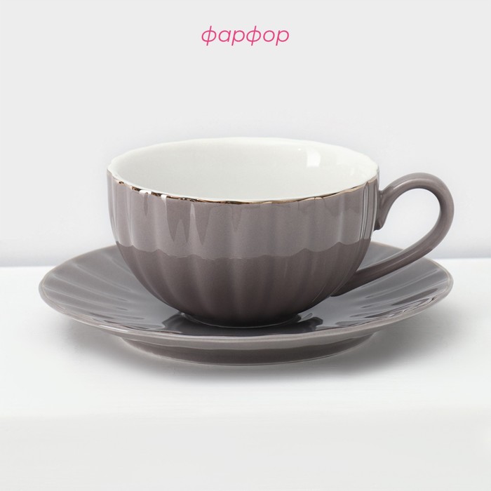 Сервиз фарфоровый чайный Доляна «Вивьен», 12 предметов: 6 чашек 200 мл, 6 блюдец d=15 см, цвет серый - фото 1909980710