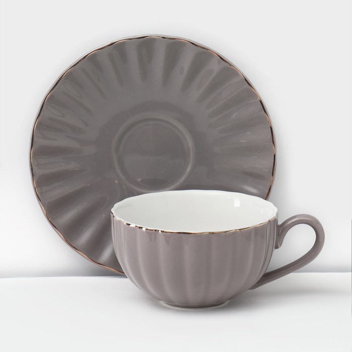 Сервиз фарфоровый чайный Доляна «Вивьен», 12 предметов: 6 чашек 200 мл, 6 блюдец d=15 см, цвет серый - фото 1909980711