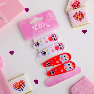 Невидимка для волос "Весёлый глянец" (набор 4 шт) совушки и жучки, 5 см, белый и красный