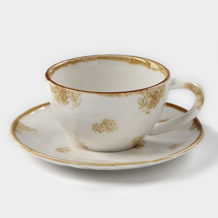 Чайная пара фарфоровая Доляна Organic Gold, 2 предмета: чашка 230 мл, блюдце d=16 см, цвет белый - Фото 1