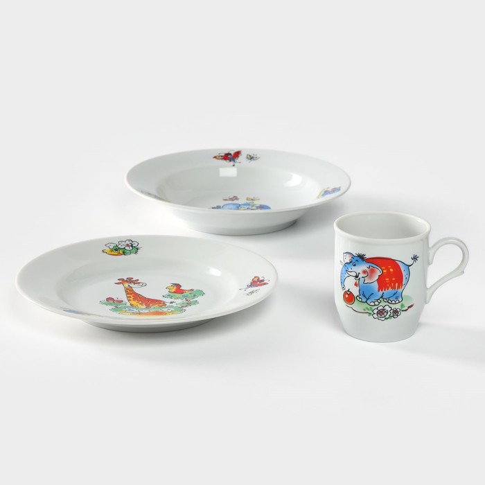 Набор посуды фарфоровой «Зоопарк»», 3 предмета: тарелка d=20 см, салатник d=19,8 см, кружка 200 мл - фото 1887916728