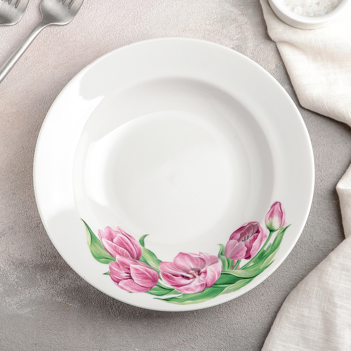 Тарелка глубокая «Розовые тюльпаны», 225 мл, d=20 см, белая, фарфор - фото 1907049968