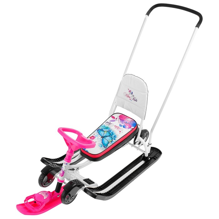 Снегокат с колёсами «Тимка спорт 6 Бабочки», ТС6, с родительской ручкой, со спинкой и ремнём безопасности, цвет чёрный/белый/розовый - фото 11569