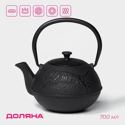 Чайник Доляна «Чёрный тигр», 700 мл, с ситом, эмалированное покрытие внутри, индукция, чугун, чёрный
