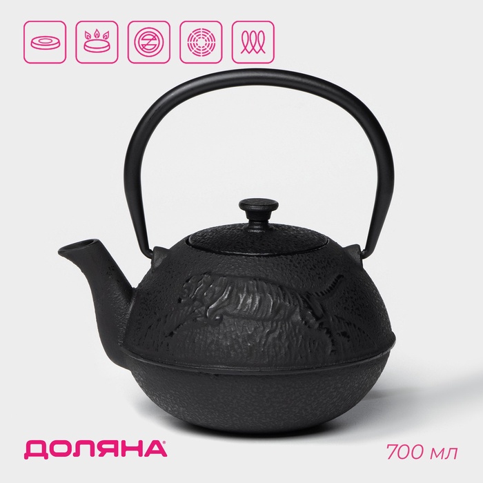 Чайник Доляна «Чёрный тигр», 700 мл, с ситом, эмалированное покрытие внутри, индукция, чугун, чёрный - Фото 1