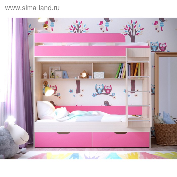 Кровать двухъярусная детская «Юниор-5», цвет дуб молочный / розовый