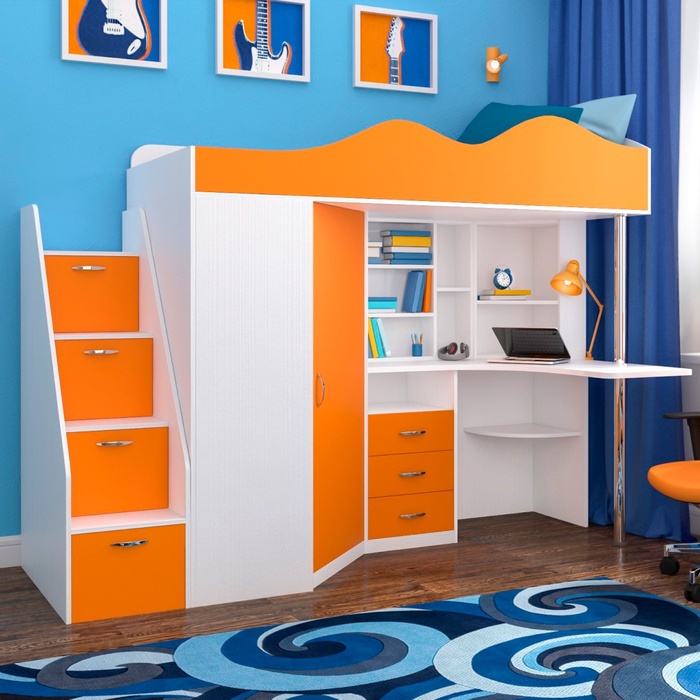 Кровать-чердак детская «Пионер», цвет белое дерево / оранжевый - Фото 1