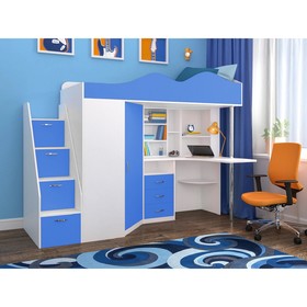 Детская кровать-чердак Пионер белое дерево/голубой