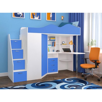 Кровать-чердак детская «Пионер», цвет белое дерево / голубой