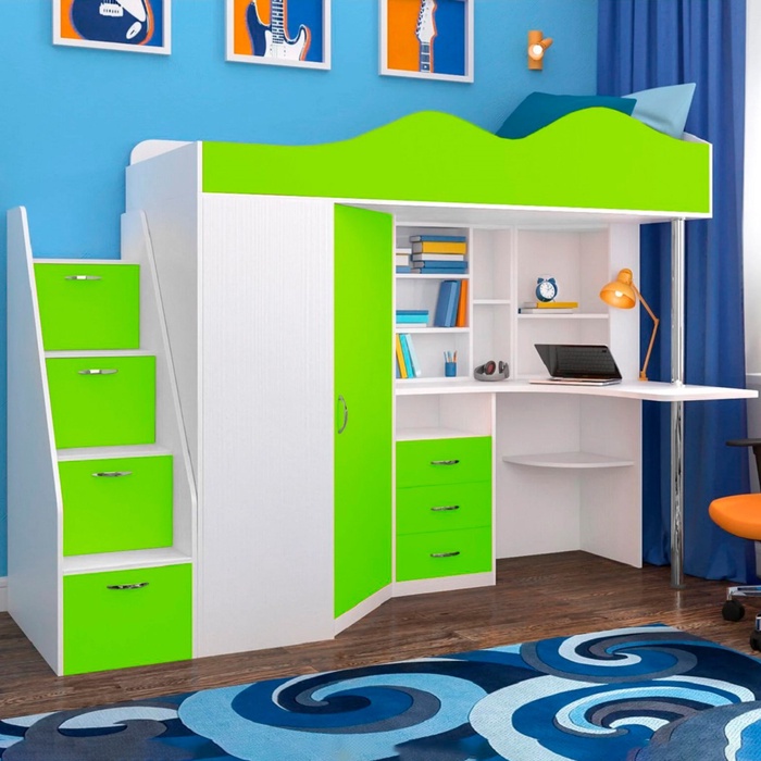Кровать-чердак детская «Пионер», цвет белое дерево / лайм - Фото 1