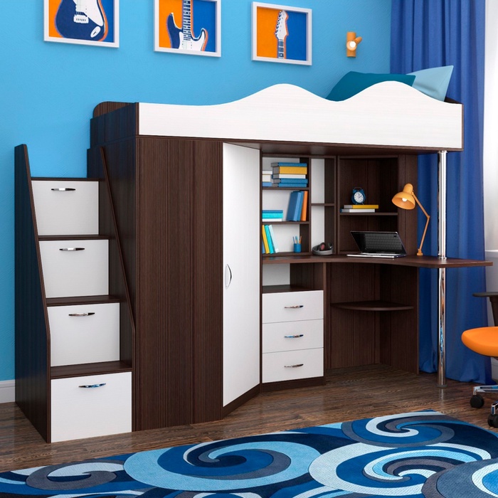 Кровать-чердак детская «Пионер», цвет бодега / белое дерево - Фото 1