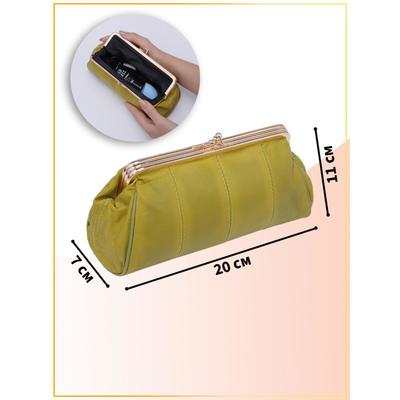 Косметичка-фермуар, 2 отдела на рамке, наружный карман, цвет горчичный