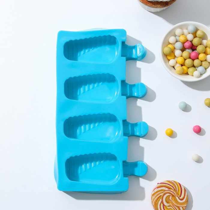 Форма для мороженого Доляна «Эскимо в глазури», силикон, 18,5×12,3×2,5 см, 4 ячейки, цвет МИКС - Фото 1