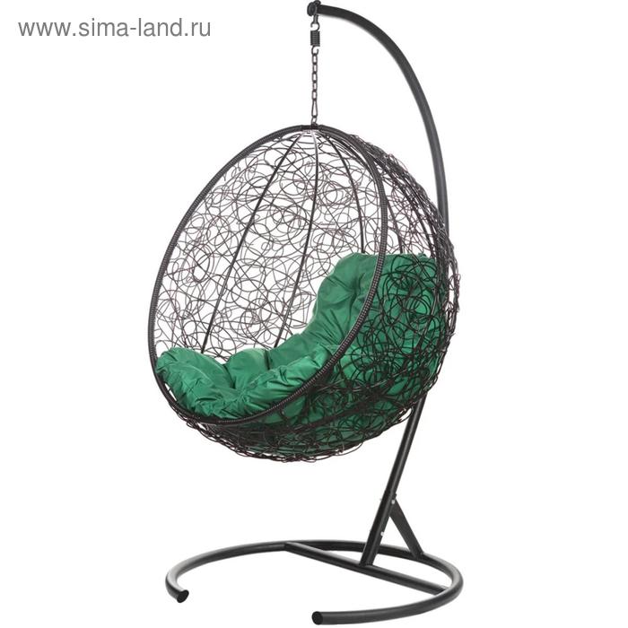 Подвесное кресло - кокон «Кокос», с искусственным ротангом, зелёная подушка, со стойкой, чёрное - Фото 1