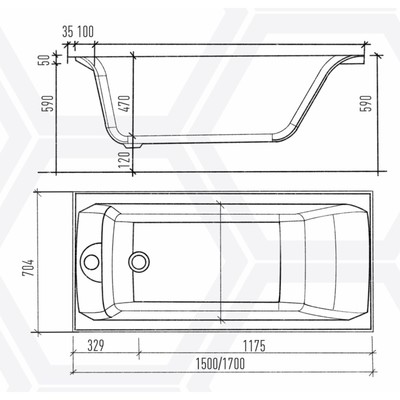Ванна акриловая Eurolux QWATRY 15070, 150×70×47 см, без каркаса и панели