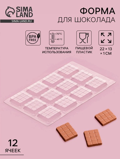 Форма для шоколада и конфет «Мини плитка», пластик, 22×13×1 см, 12 ячеек (3.5×4 см), прозрачная