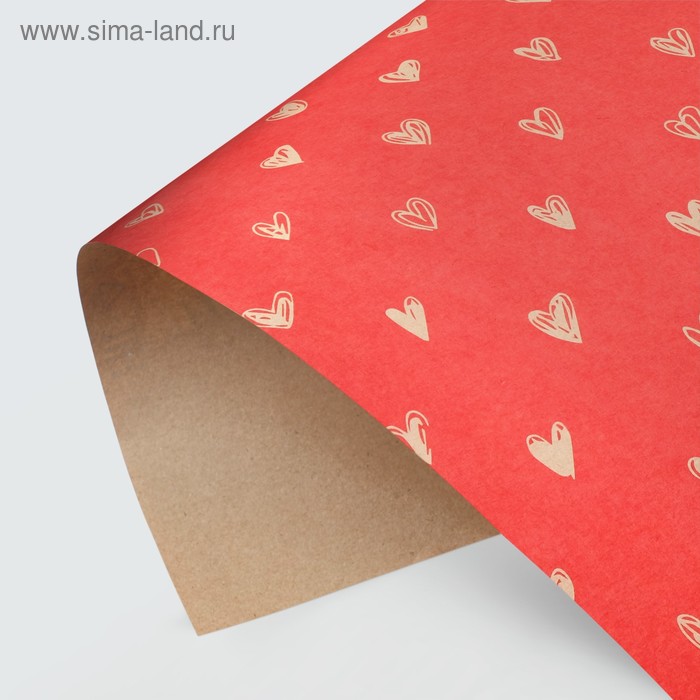 Бумага упаковочная крафтовая «Сердечки», фон красный, 50 х 70 см - Фото 1