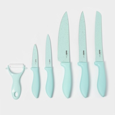 Набор кухонных принадлежностей «Клауд», 6 предметов: 5 ножей, овощечистка из керамики, бирюзовый