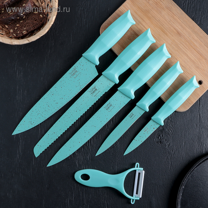 Набор кухонных принадлежностей «Клауд», 6 предметов: 5 ножей, овощечистка из керамики, цвет бирюзовый - Фото 1