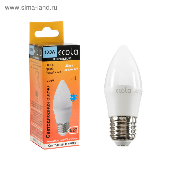 Лампа светодиодная Ecola candle LED Premium, 10 Вт, E27, 6000 K, свеча, 100x37 мм - Фото 1
