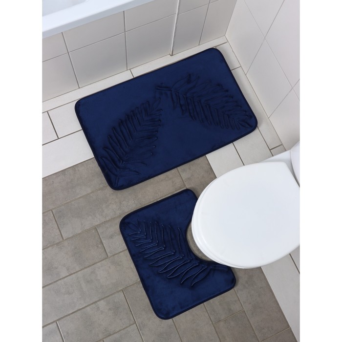 Набор ковриков для ванной и туалета Доляна «Тропики», 2 шт, 40×50, 50×80 см, цвет синий - Фото 1