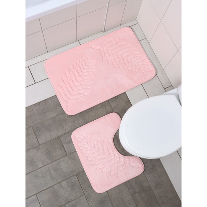 Коврики для ванной и туалета Доляна «Тропики», 2 шт: 40×50 см, 50×80 см, цвет розовый - Фото 1