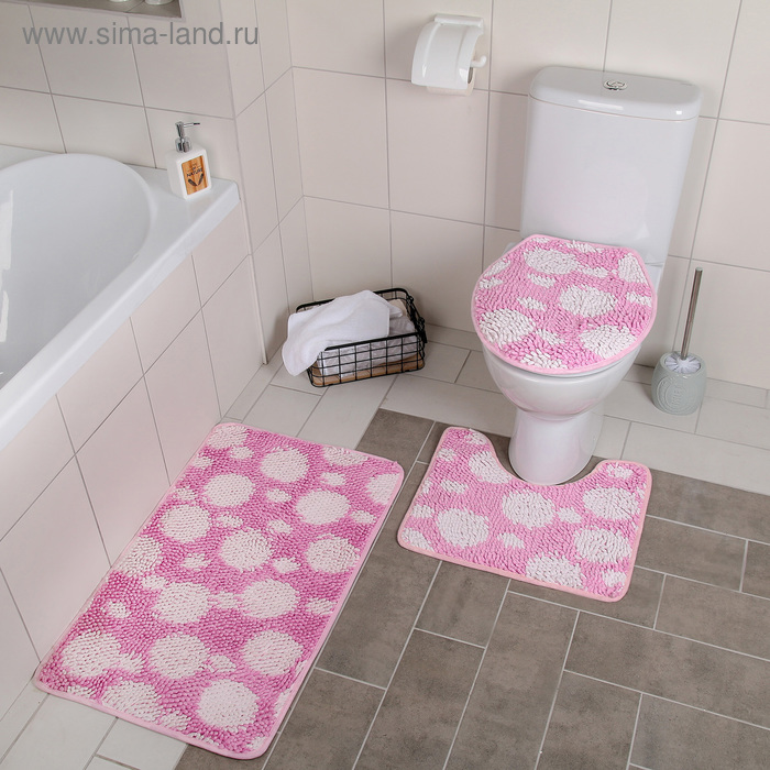Набор ковриков для ванны и туалета 3 шт 37х44, 40х50, 50х80 см "Букли" цвет бело-розовый - Фото 1