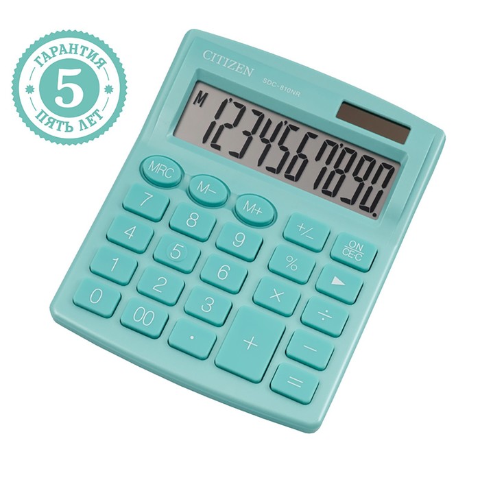 Калькулятор настольный Citizen "SDC-810NR", 10-разрядный, 124 х 102 х 25 мм, двойное питание, бирюзовый - Фото 1