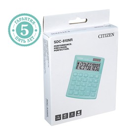 Калькулятор настольный Citizen "SDC-810NR", 10-разрядный, 124 х 102 х 25 мм, двойное питание, бирюзовый
