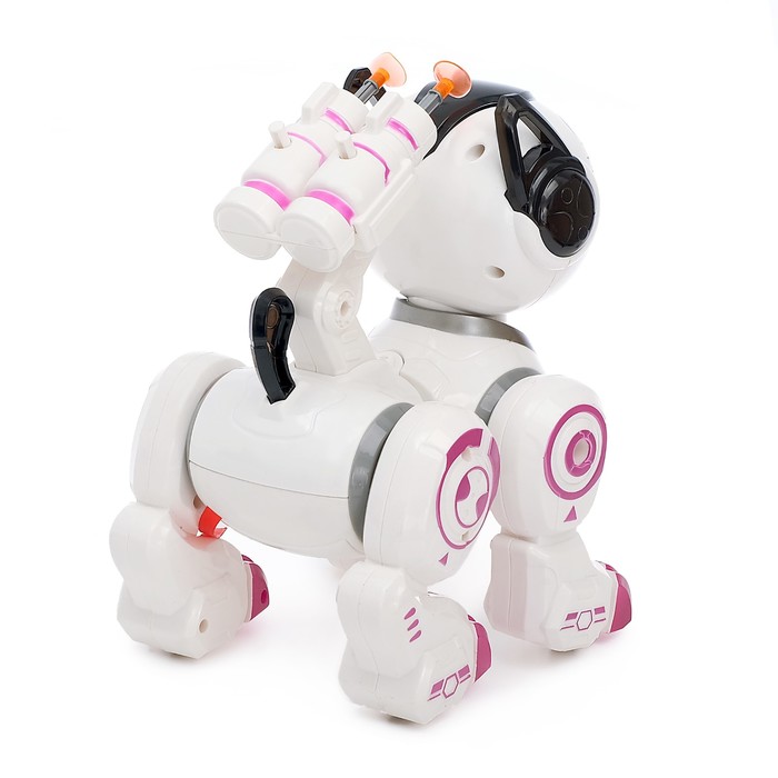 Робот собака «Рокки» IQ BOT, интерактивный: звук, свет, стреляющий, на батарейках, розовый - фото 1905603084