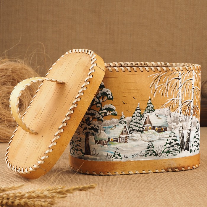Хлебница «Зима», с росписью, 24×16×20 см, микс, береста - фото 1905319514