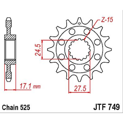 Звезда передняя ведущая стальная JTF749, цепь 525, 15 зубьев