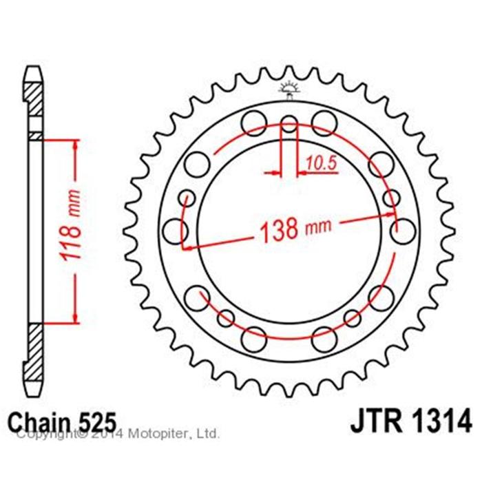Звезда задняя ведомая для мотоцикла JTR1314, цепь 525, 39 зубьев - Фото 1