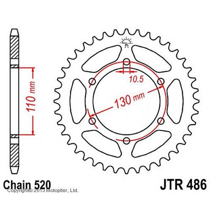 Звезда задняя ведомая JTR486 для мотоцикла стальная, цепь 520, 44 зубья - Фото 1