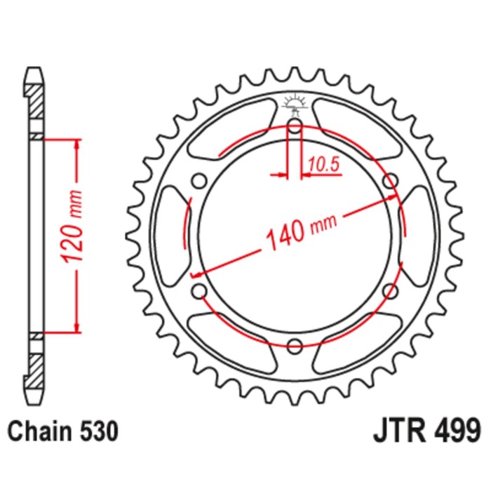 Звезда задняя ведомая JTR499 для мотоцикла стальная, цепь 530, 44 зубья - Фото 1