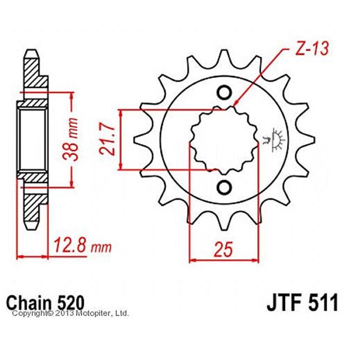 Звезда передняя ведущая JTF511 для мотоцикла, стальная, цепь 520, 16 зубьев - Фото 1